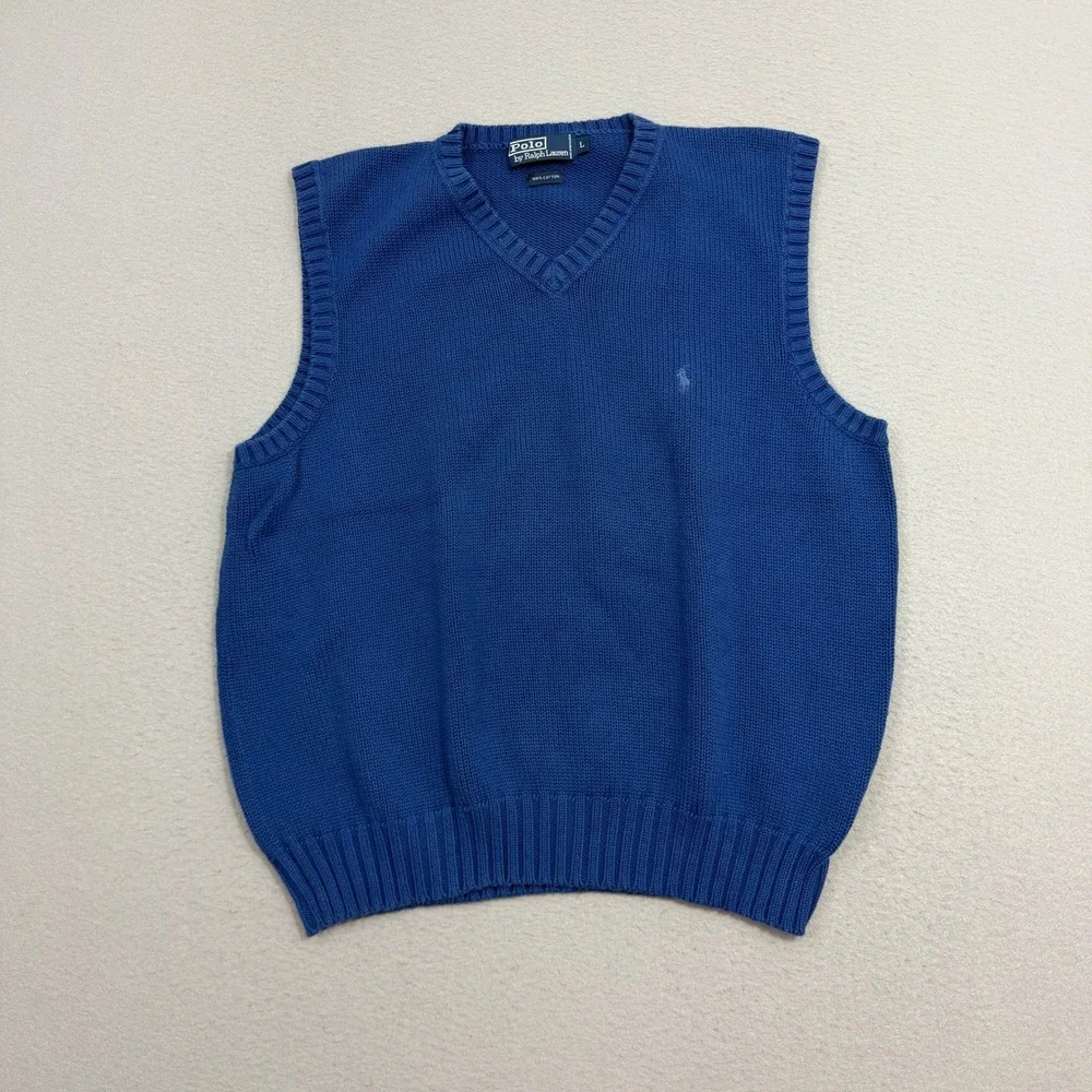 Polo Ralph Lauren Sweater Vest Mens Large Blue Cotton V-Neck Knit Pullover Pony